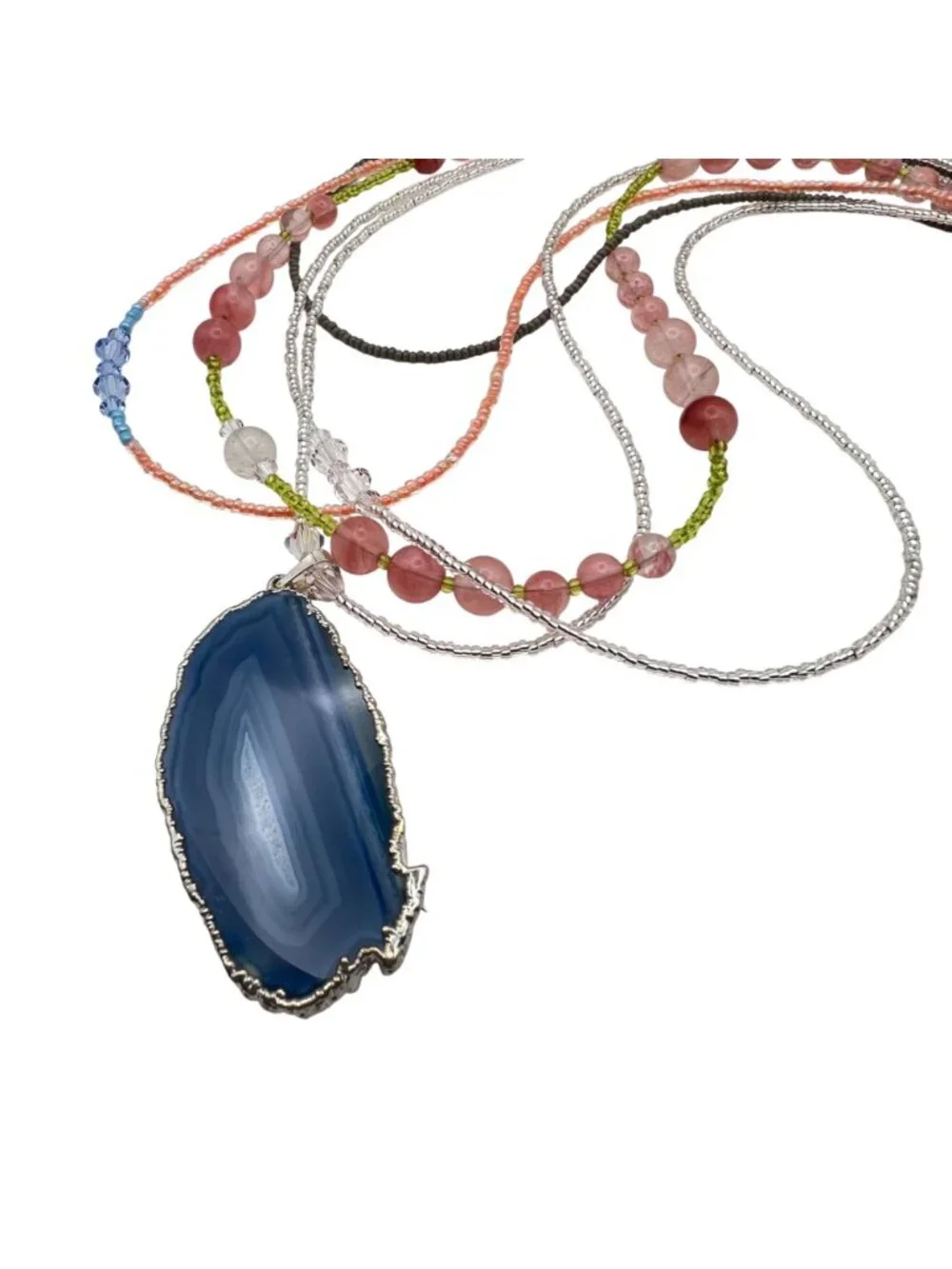 Blue Agate Slice Pendant Necklace Multistrand Beaded Boho Pink Green Glass Layer - Picture 10 of 15